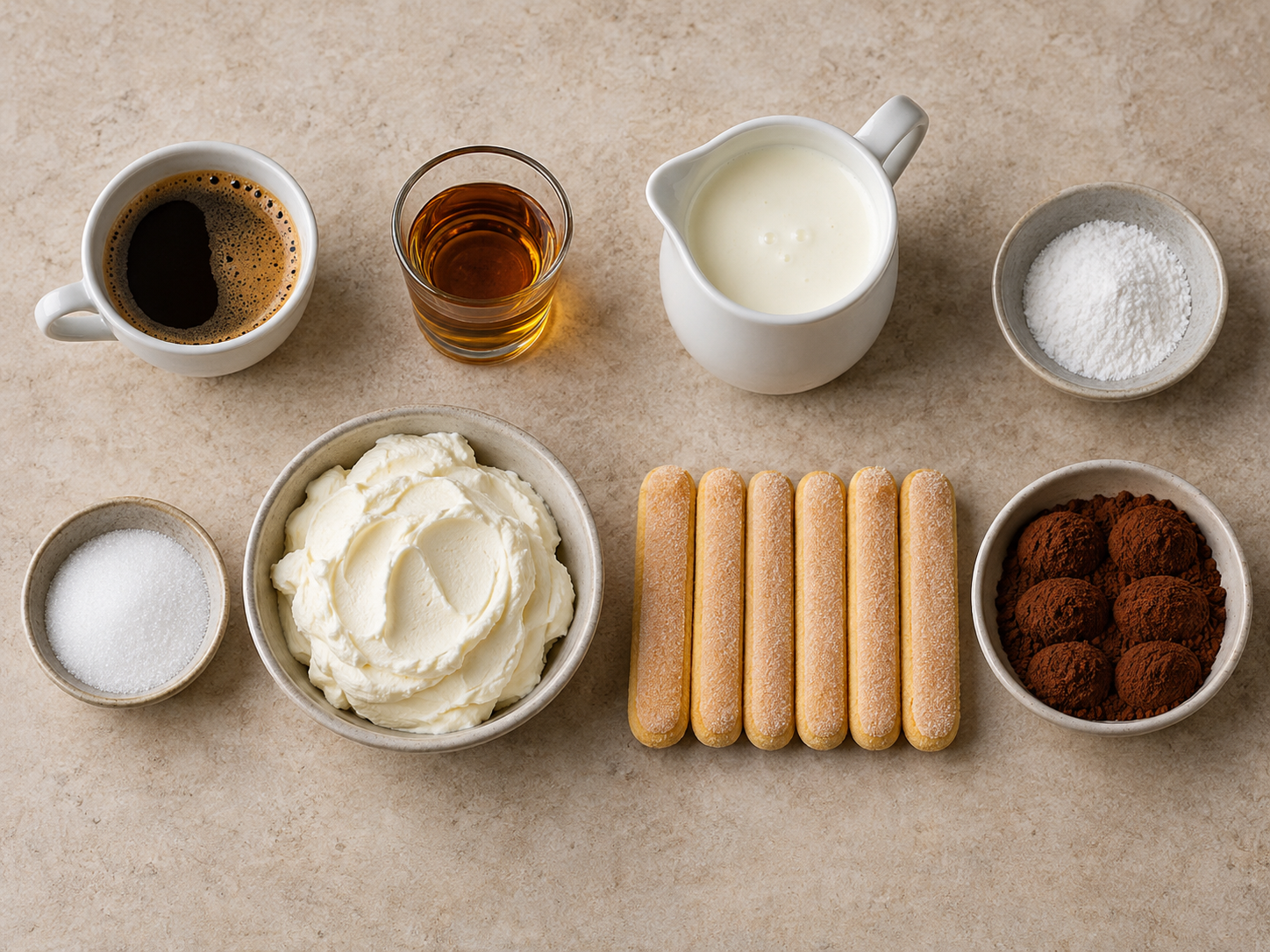 Acht Zutaten für vier Amaretto-Tiramisu-Gläser ohne Ei