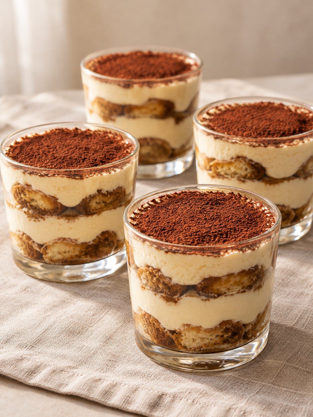 Vier geschichtete Amaretto-Tiramisu-Gläser mit Kakaoschicht