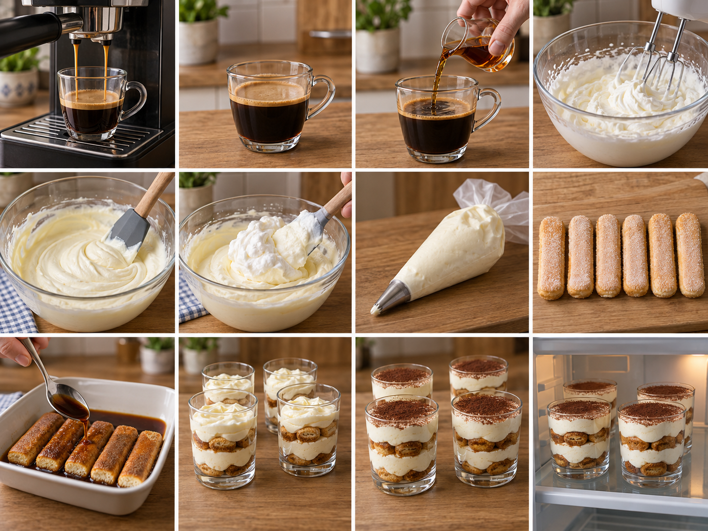 Zwölf Zubereitungsschritte für vier Amaretto-Tiramisu-Gläser