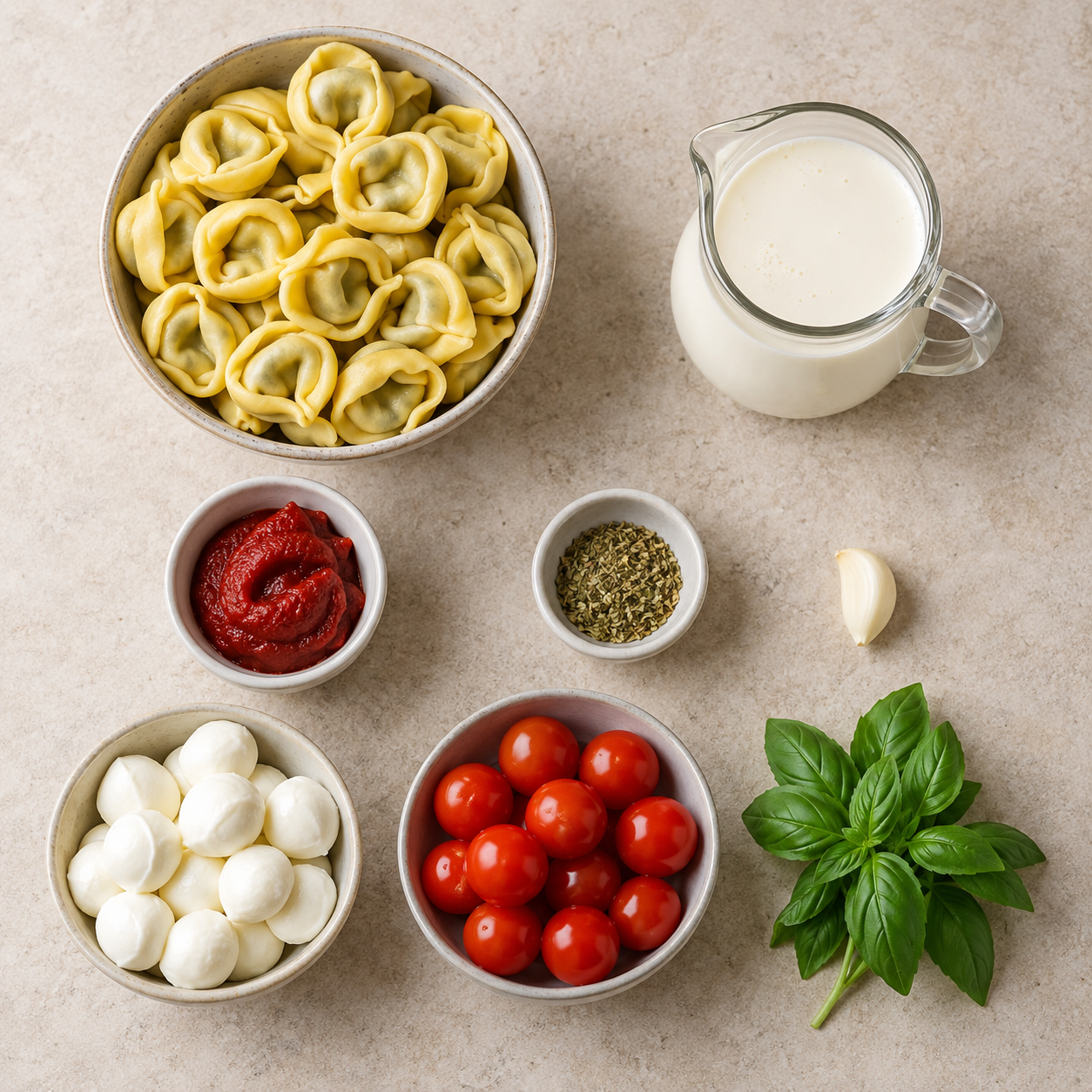 Acht Zutaten für Tortellini-Auflauf mit Tomaten und Mozzarella