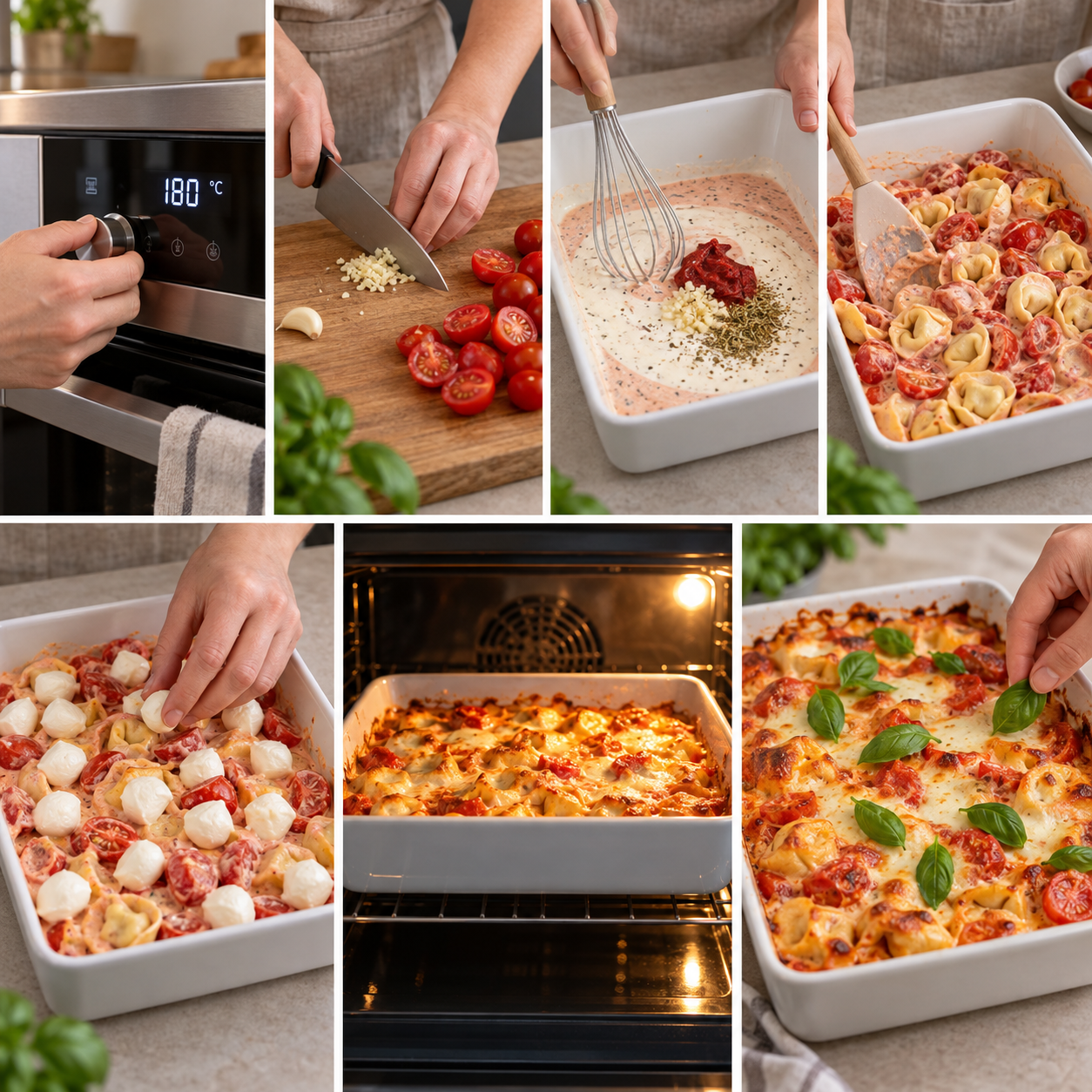 Sieben Zubereitungsschritte für Tortellini-Tomaten-Auflauf