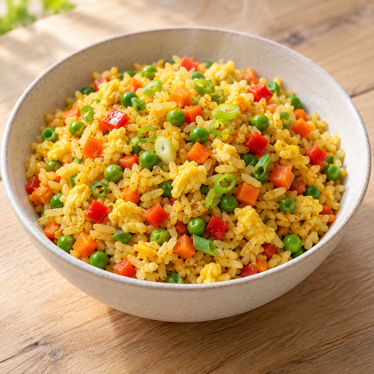Bunter vegetarischer Bratreis mit Ei, Erbsen, Paprika, Karotten und Frühlingszwiebeln