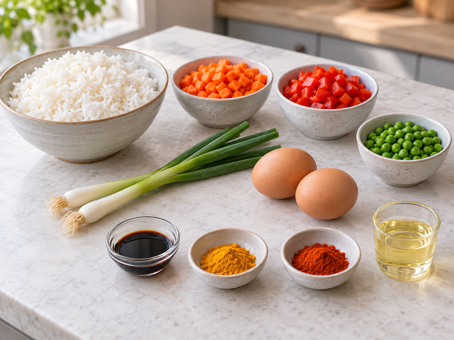 Zehn Zutaten für vegetarischen Bratreis mit Reis, Gemüse, Ei und Gewürzen