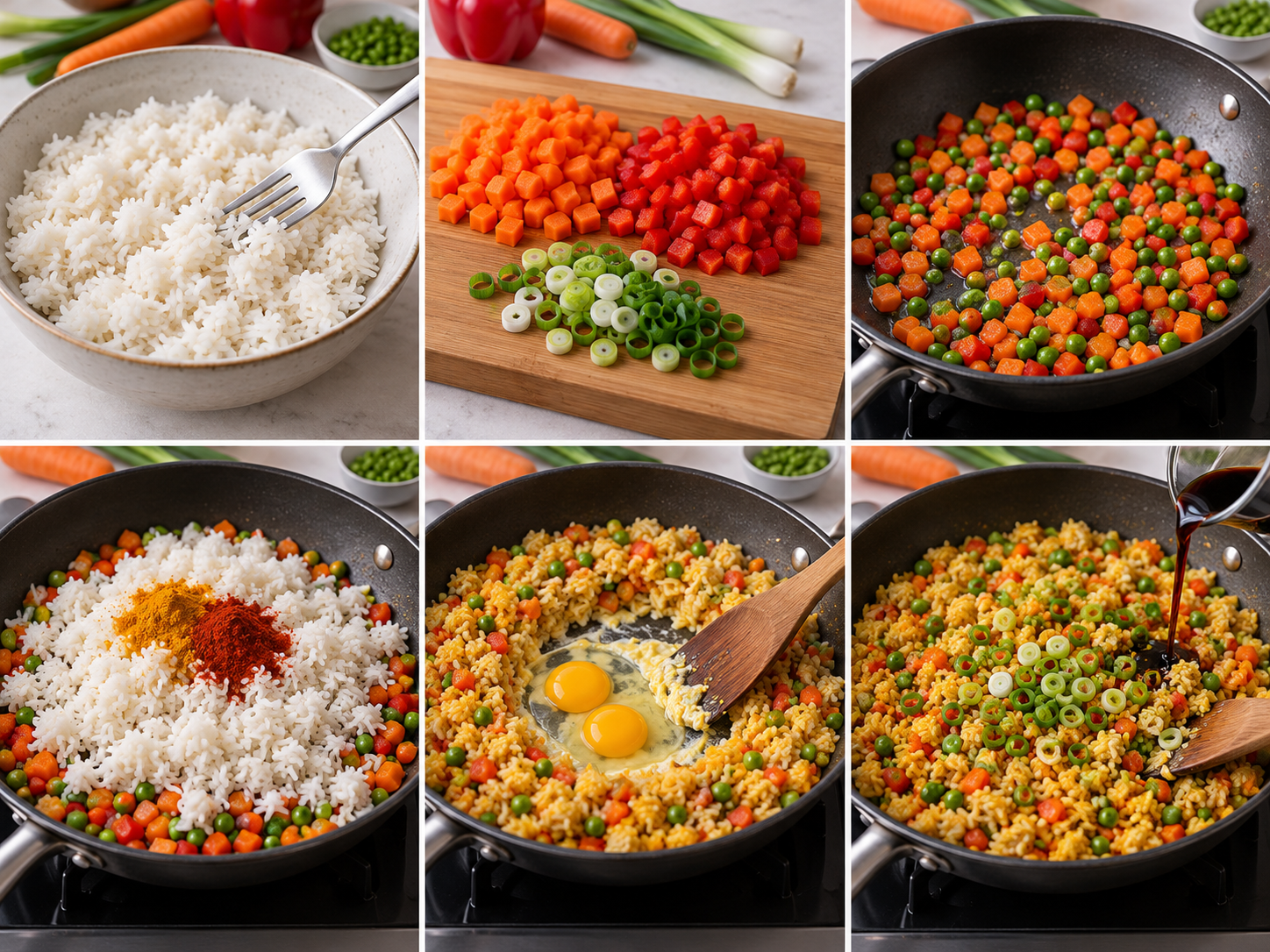 Sechs Zubereitungsschritte für vegetarischen Bratreis in der Pfanne