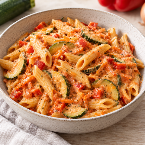 Cremige Gemüsenudeln mit Penne, Zucchini, Karotte und Paprika