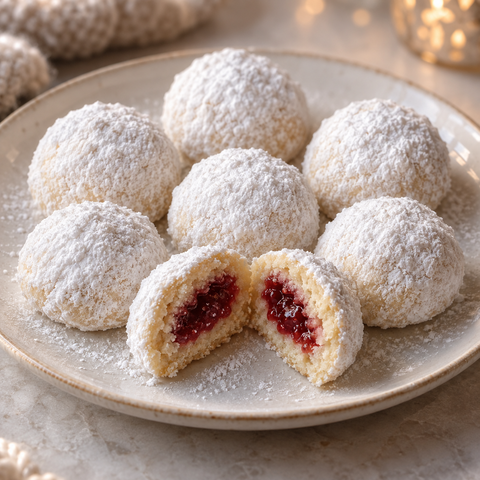 Himbeergefüllte Schneekugeln mit Puderzucker und sichtbarer Himbeerfüllung