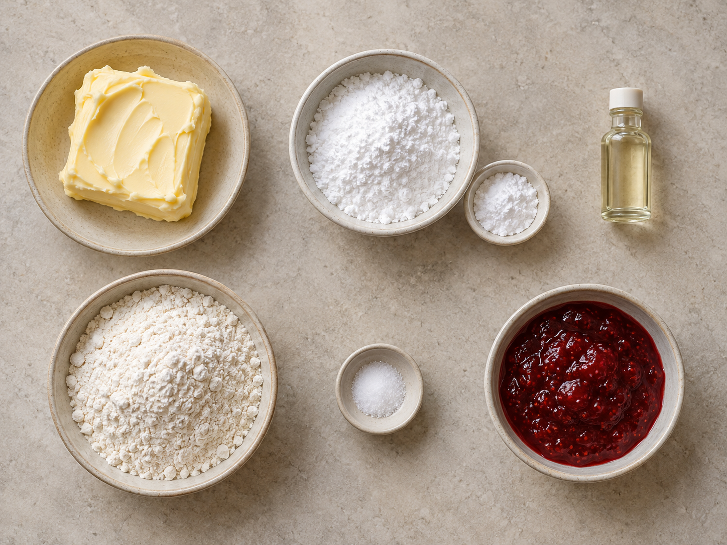 Butter, Puderzucker, Mandelaroma, Mehl, Salz und Himbeermarmelade für Schneekugeln