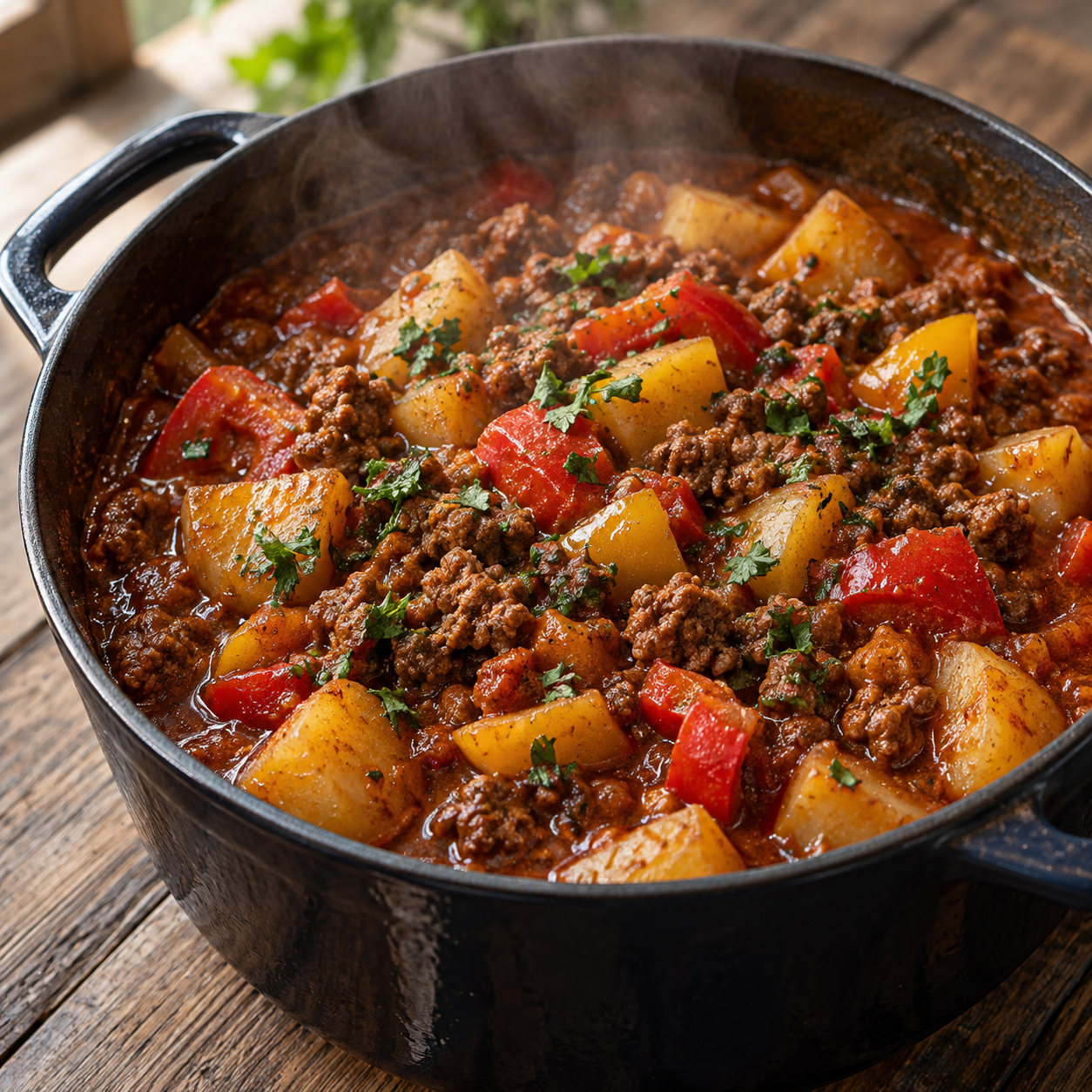 Deftiger Kartoffeltopf mit Rinderhackfleisch, Paprika und Petersilie