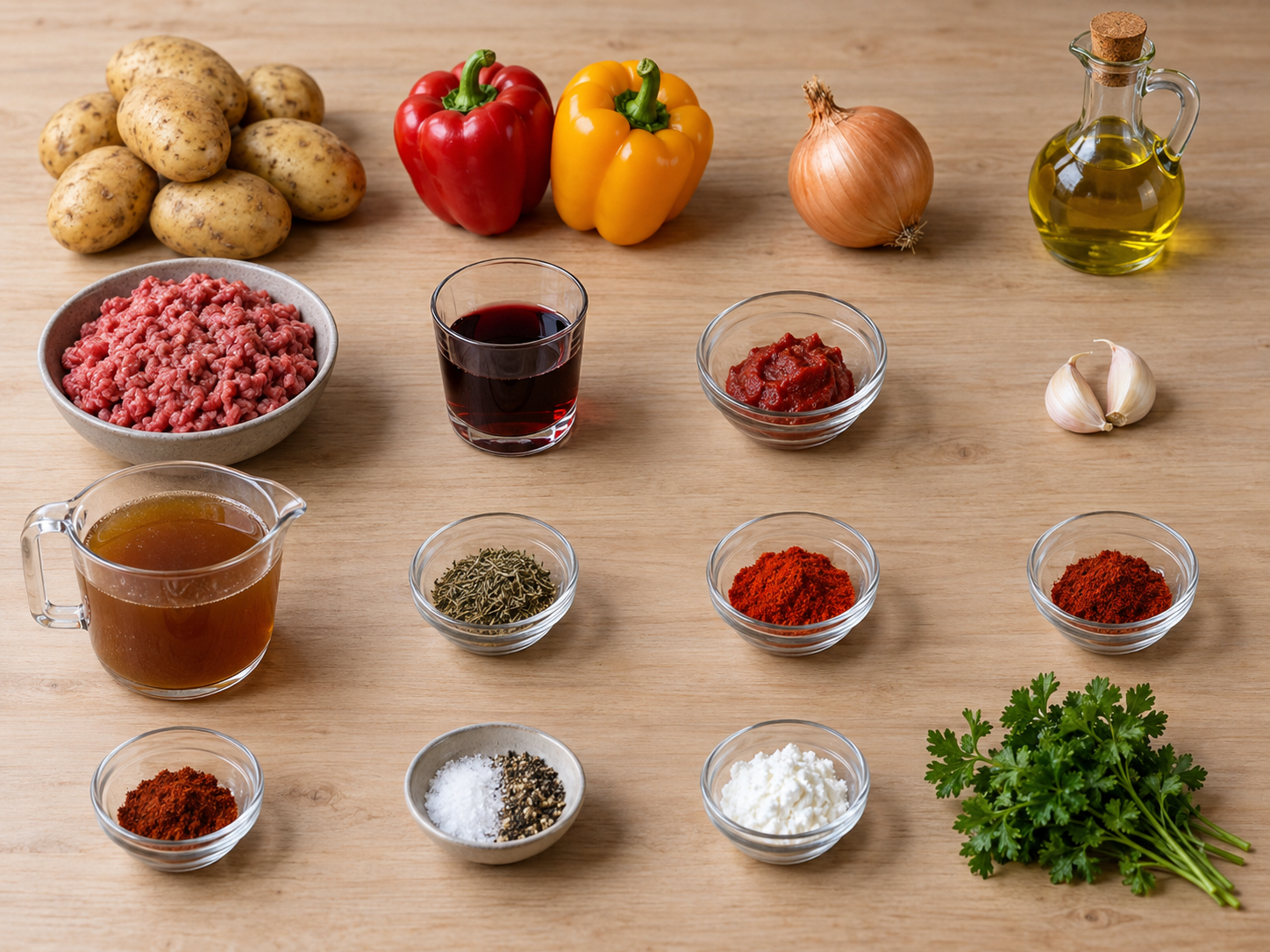 Sechzehn Zutaten für Bauerntopf mit Kartoffeln, Hackfleisch und Paprika