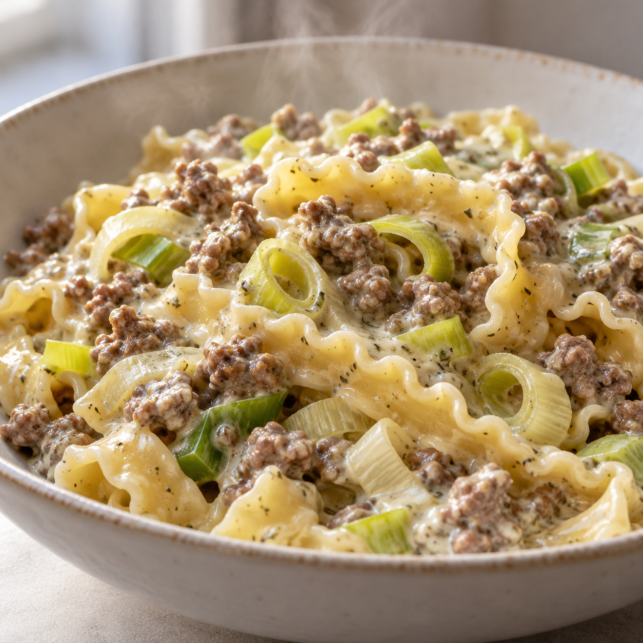 Cremige Mafaldine mit Hackfleisch und Lauch in Kräuterkäse-Soße