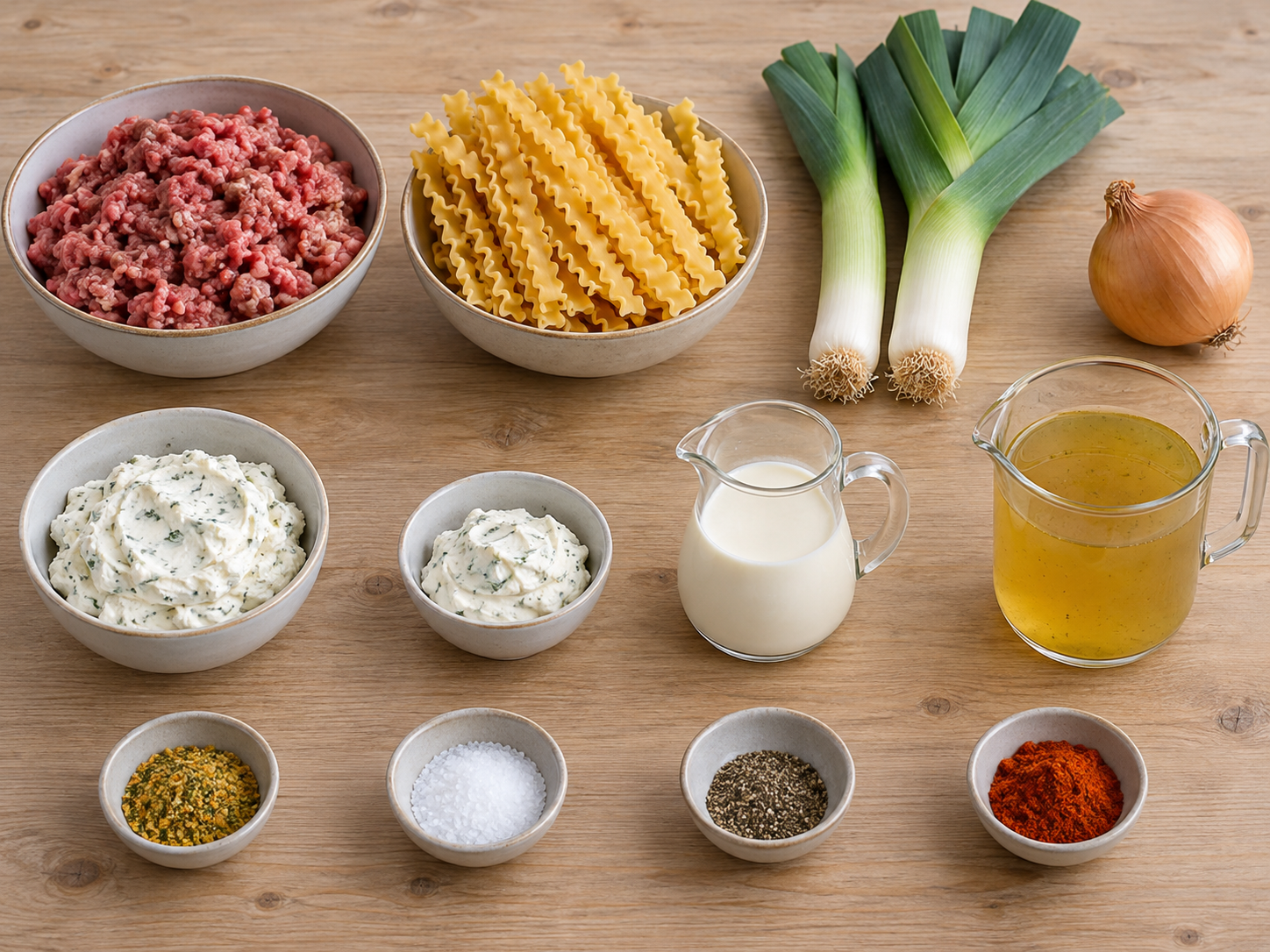 Zwölf Zutaten für cremige Lauchnudeln mit Hackfleisch