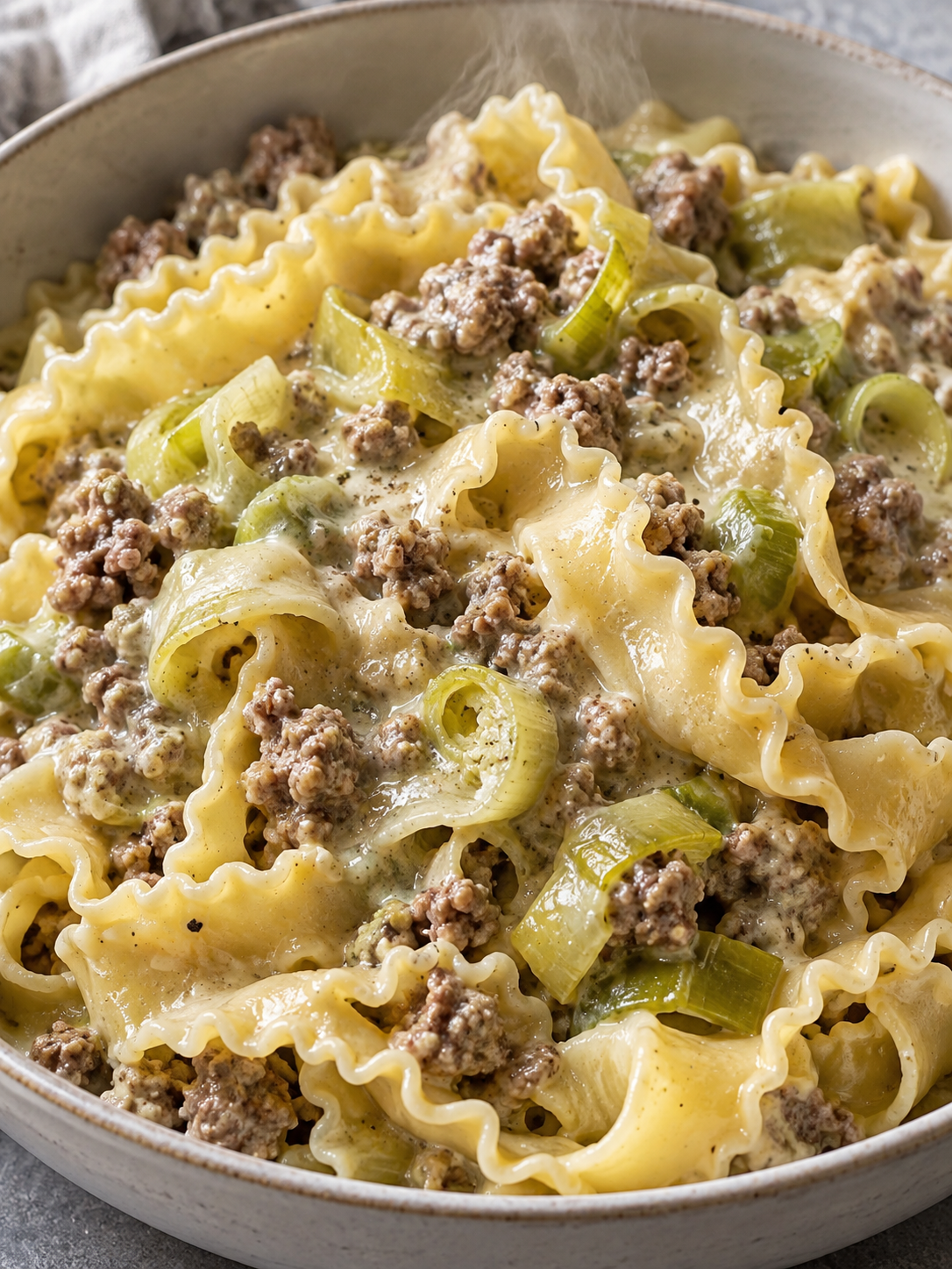 Cremige Mafaldine mit Hackfleisch, Lauch und Kräuterkäse-Soße