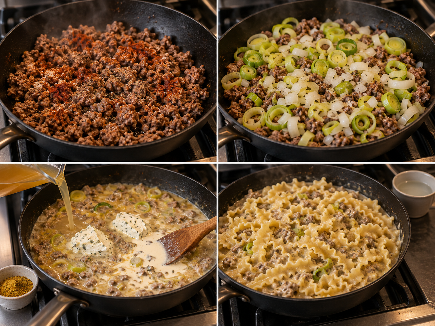 Vier Zubereitungsschritte für cremige Hackfleisch-Lauch-Pasta