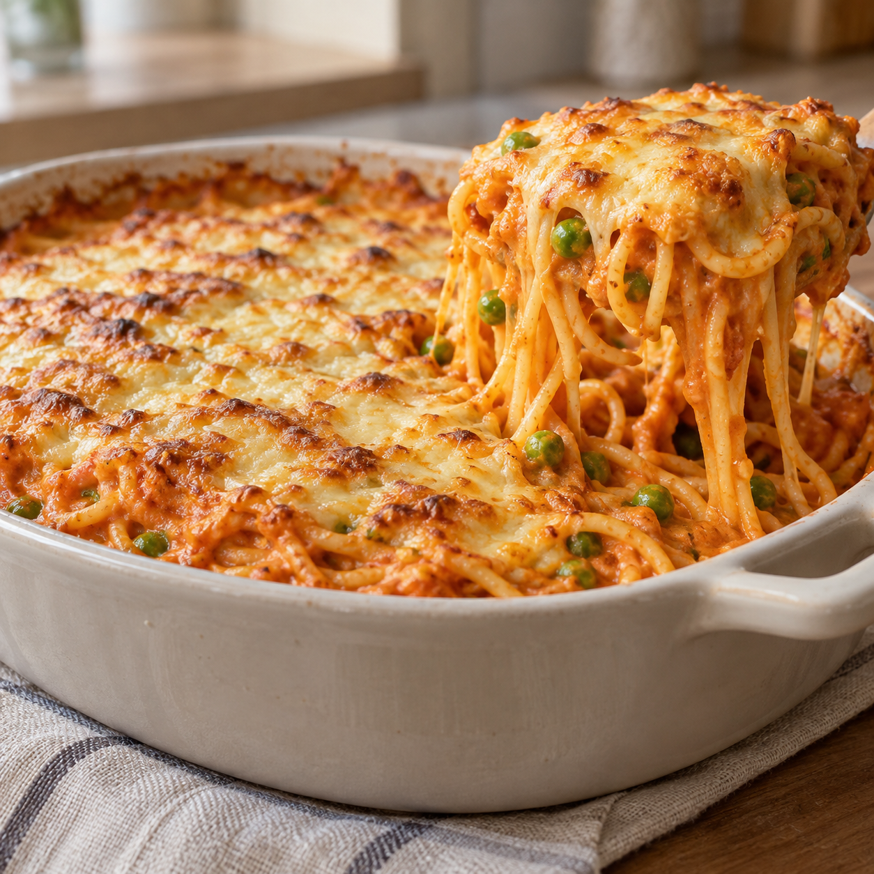 Goldbraun überbackener Spaghetti-Gemüse-Auflauf mit Tomaten-Möhren-Sauce und Erbsen