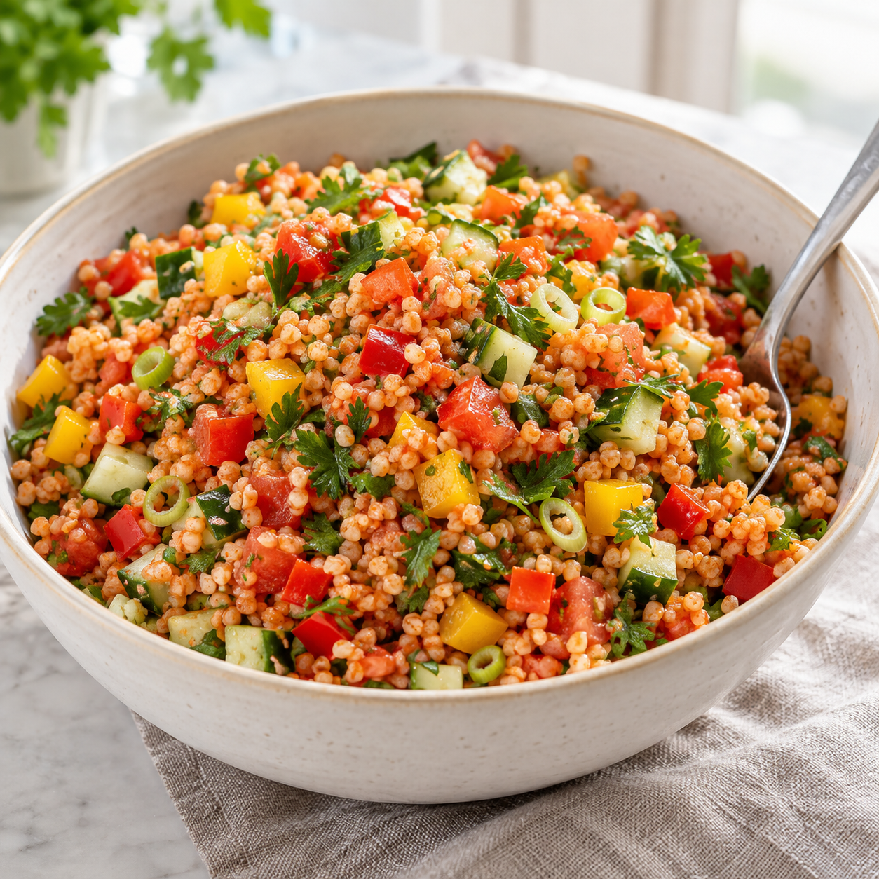 Bunter veganer Bulgursalat mit Paprika, Tomaten, Gurke und frischer Petersilie
