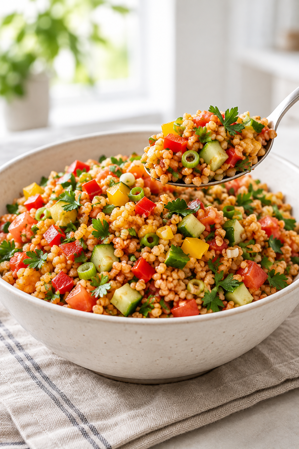 Frischer sommerlicher Bulgursalat mit buntem Gemüse und Petersilie