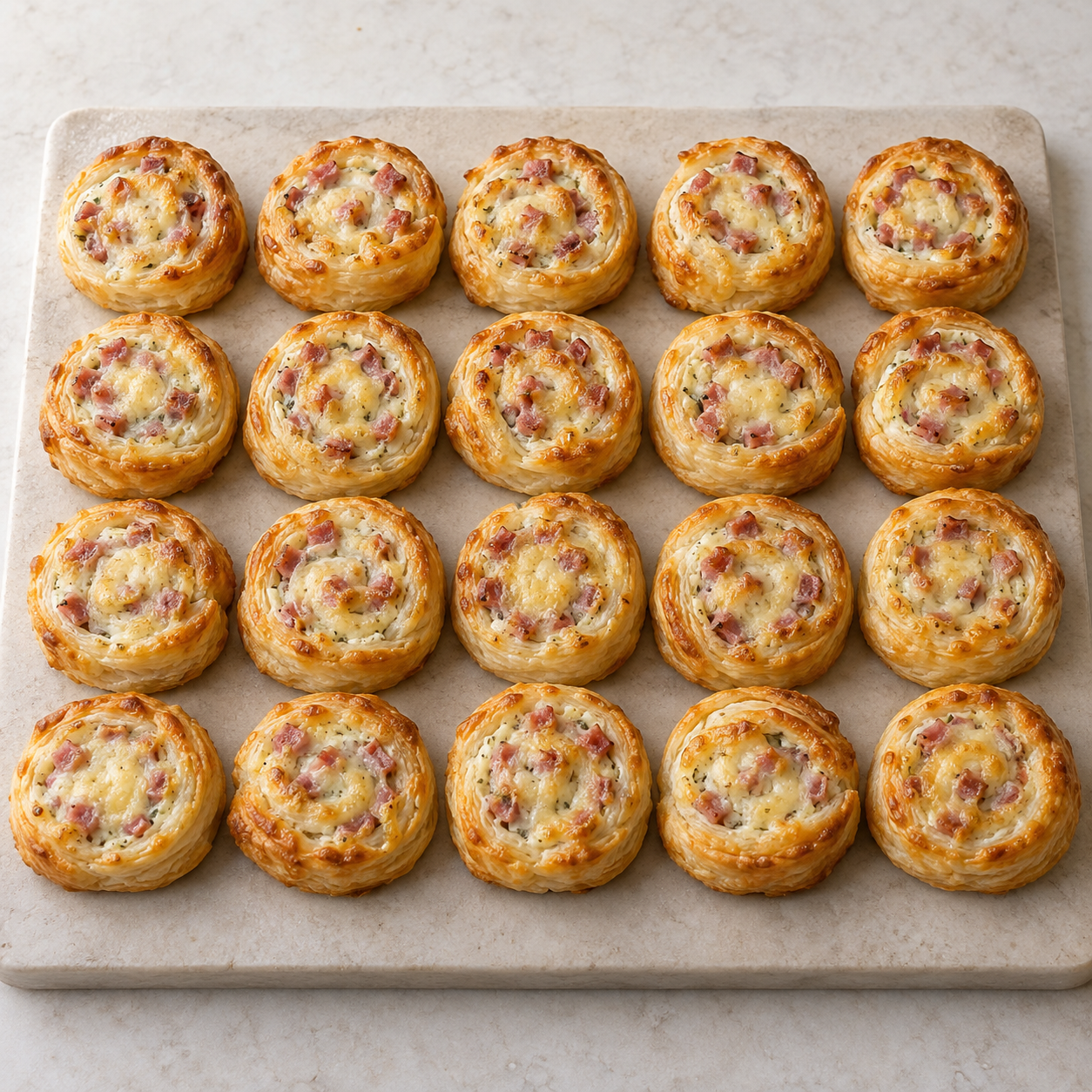 Zwanzig goldbraune Blätterteigröllchen mit Schinken und Gouda