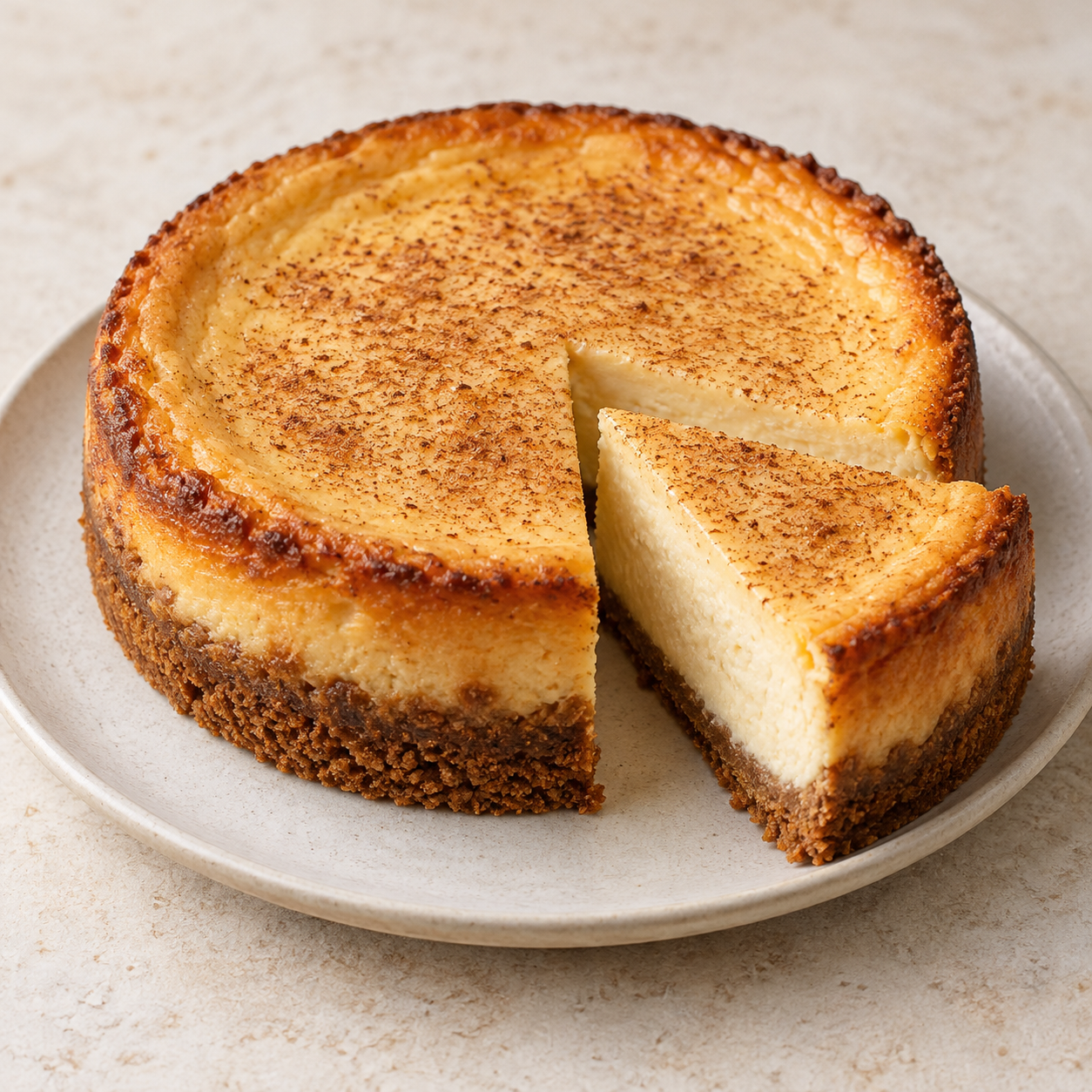 Zimt-Spekulatius-Käsekuchen mit goldbrauner Oberfläche und knusprigem Keksboden