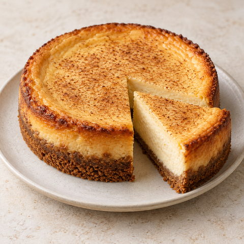 Zimt-Spekulatius-Käsekuchen mit goldbrauner Oberfläche und knusprigem Keksboden