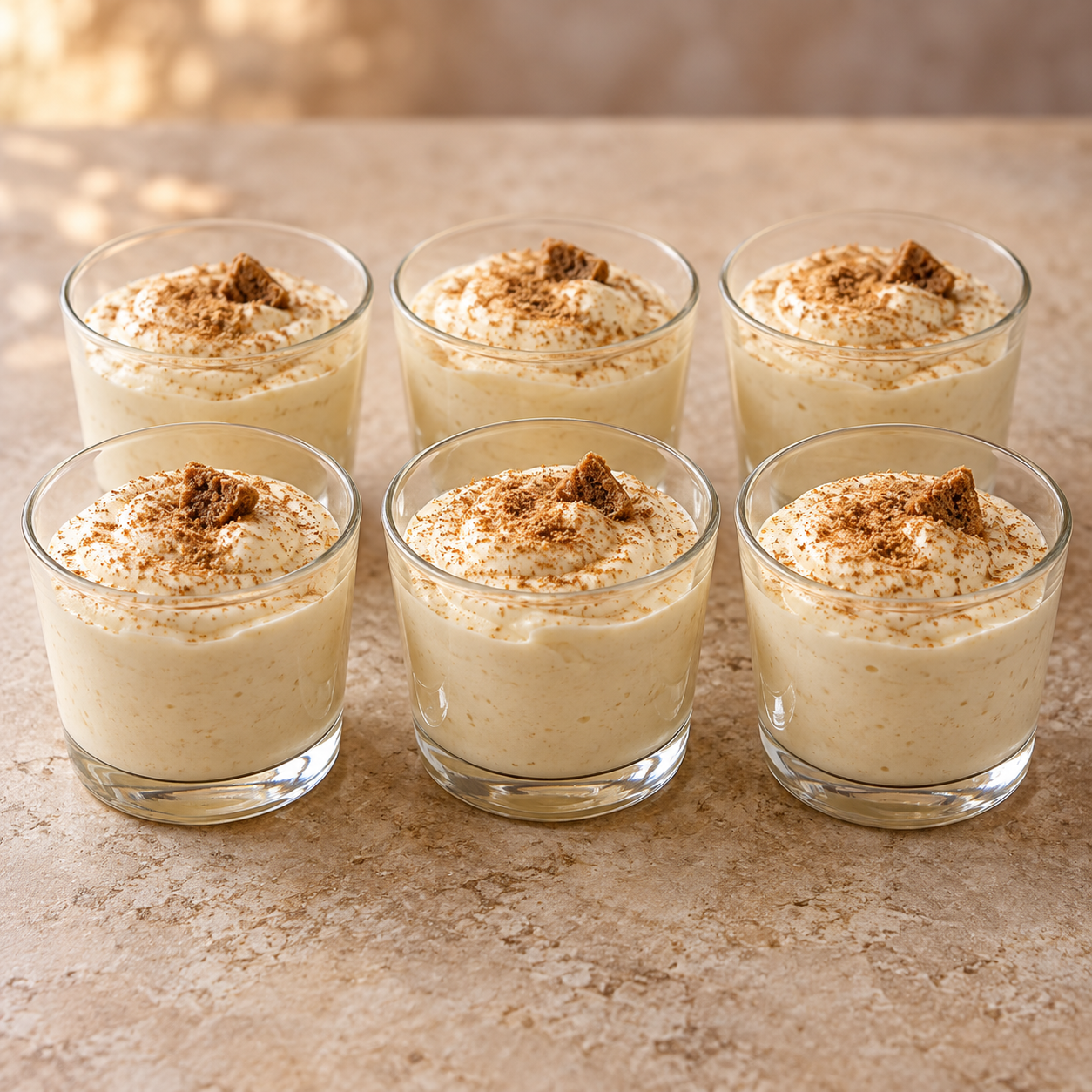 Sechs Gläser weiße Lebkuchen-Mousse mit feiner Winterwürze