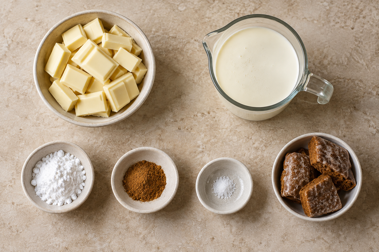 Sechs Zutaten für weiße Lebkuchen-Mousse mit weißer Schokolade und Sahne