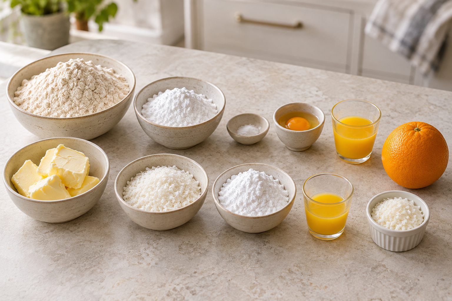 Elf Zutaten für Dinkel-Kokos-Orangen-Sterne