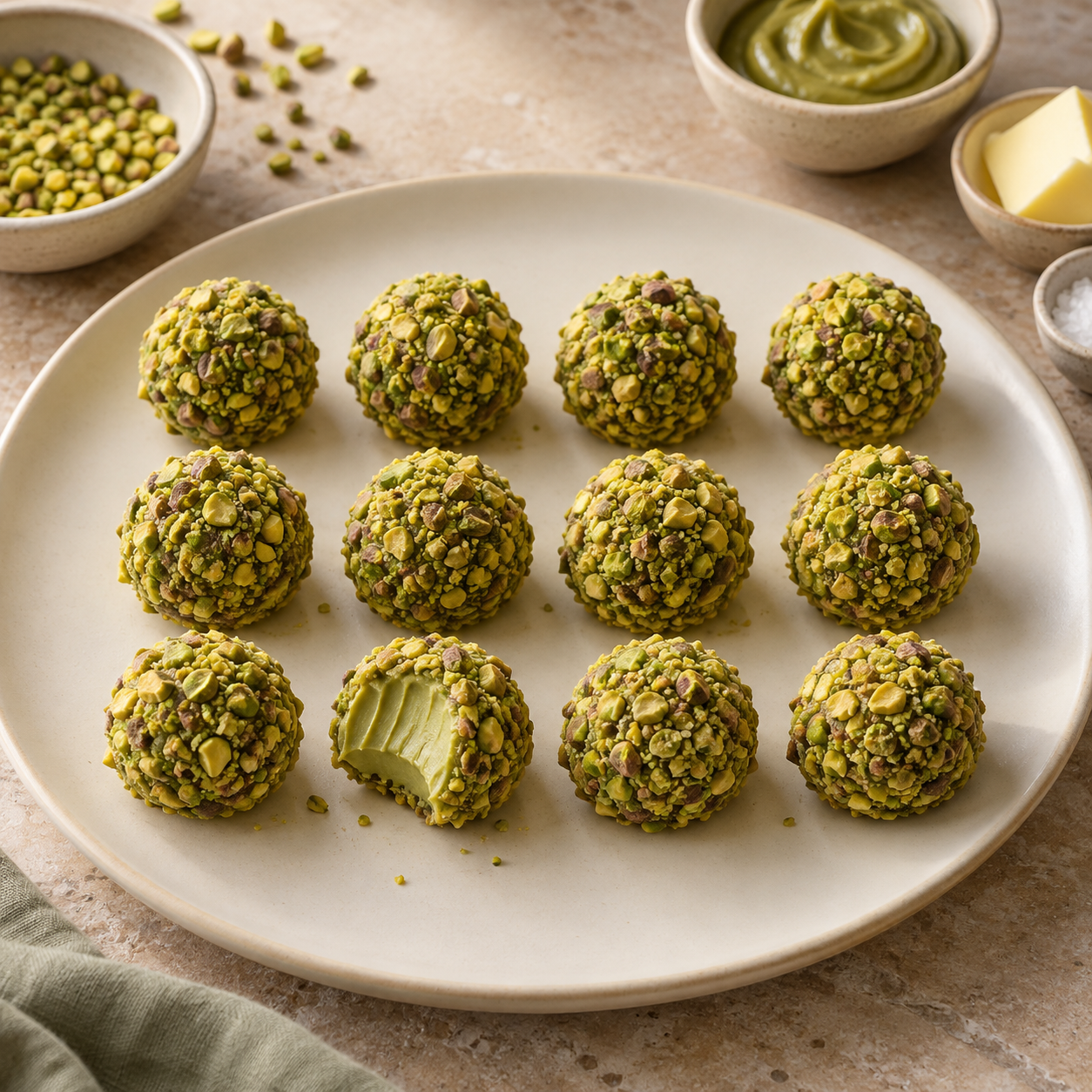 Zwölf cremige Pistazien-Brigadeiros in gehackten Pistazien auf einer hellen Keramikplatte
