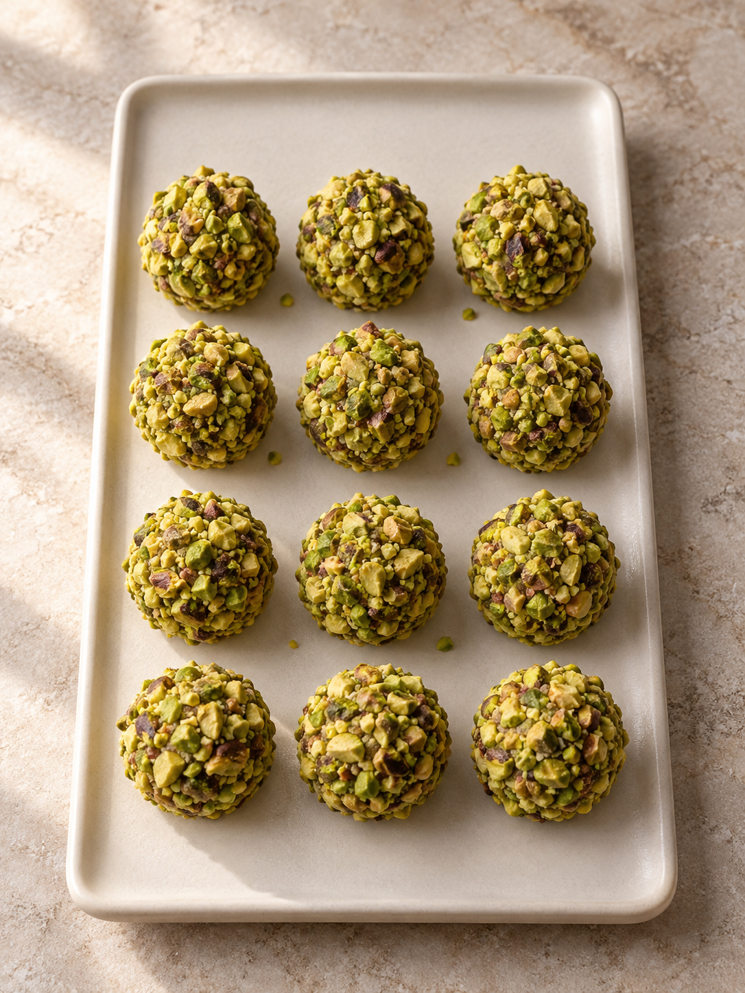 Zwölf Pistazien-Brigadeiros in einer hochformatigen Drei-mal-vier-Anordnung