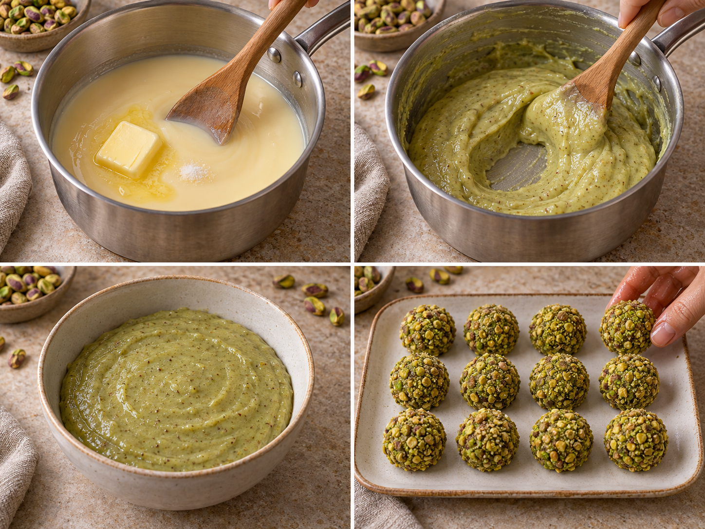 Vier Schritte von der Kondensmilchmasse bis zu zwölf fertigen Pistazien-Brigadeiros