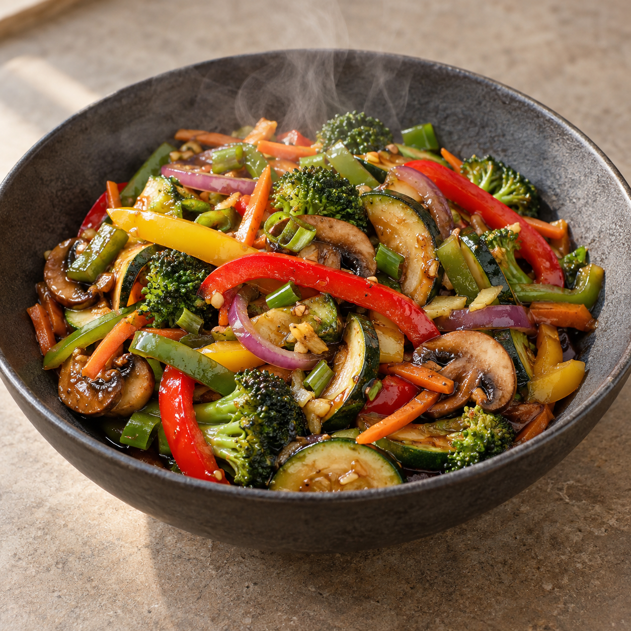 Bunte asiatische Gemüsepfanne mit Paprika, Brokkoli, Zucchini und Champignons