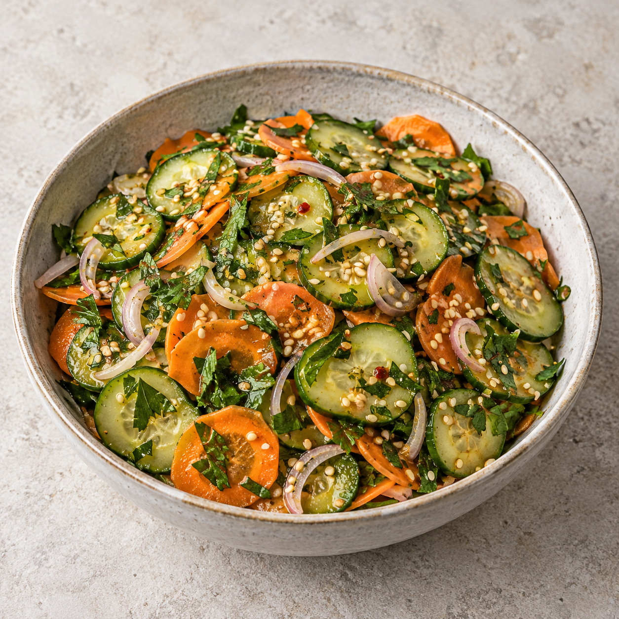 Frischer Asia-Salat mit Gurke, Karotten, Petersilie und Sesam