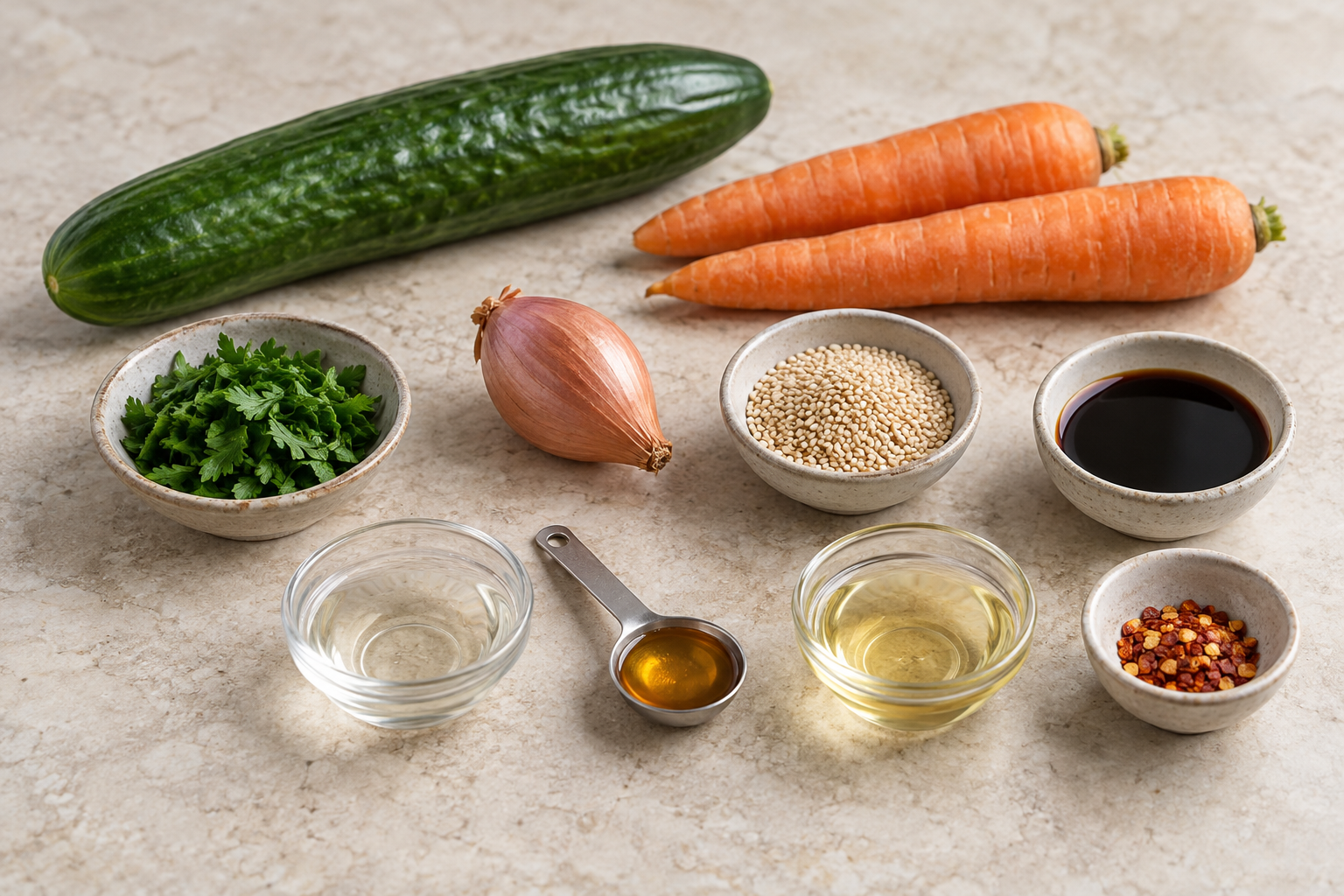 Zehn Zutaten für Asia-Salat mit Gurke, Karotten, Sesam und Dressing