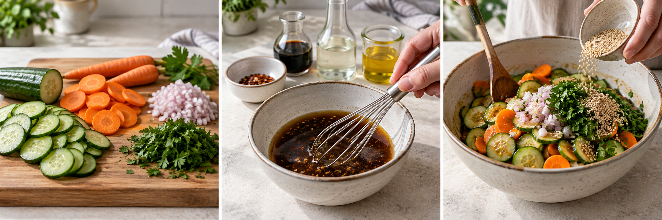 Drei Schritte für Asia-Salat mit Gemüse, Dressing und Sesam