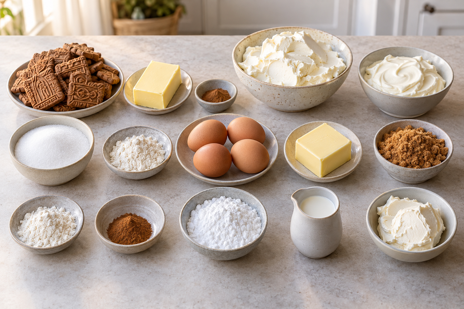 Fünfzehn Zutaten für Zimtschnecken-Cheesecake mit vier Eiern
