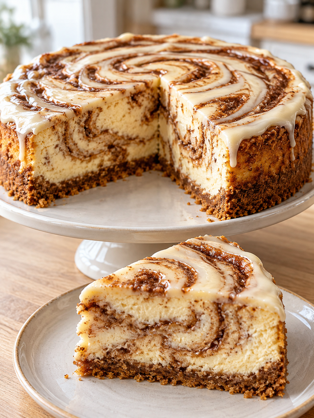 Angeschnittener Zimtschnecken-Cheesecake mit Zimtstrudeln und Keksboden