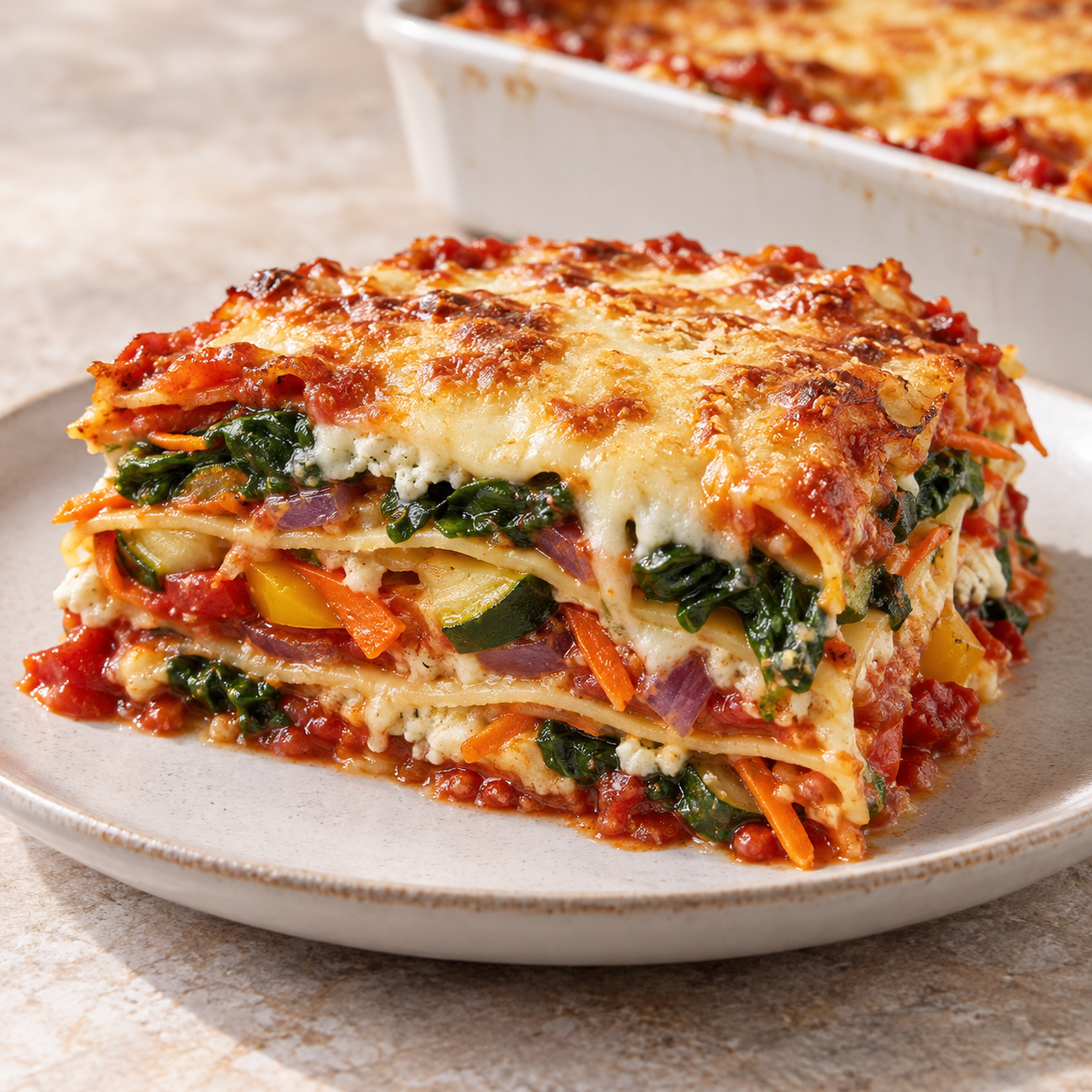 Gemüse-Lasagne mit Spinat, Ricotta und goldbrauner Käsekruste