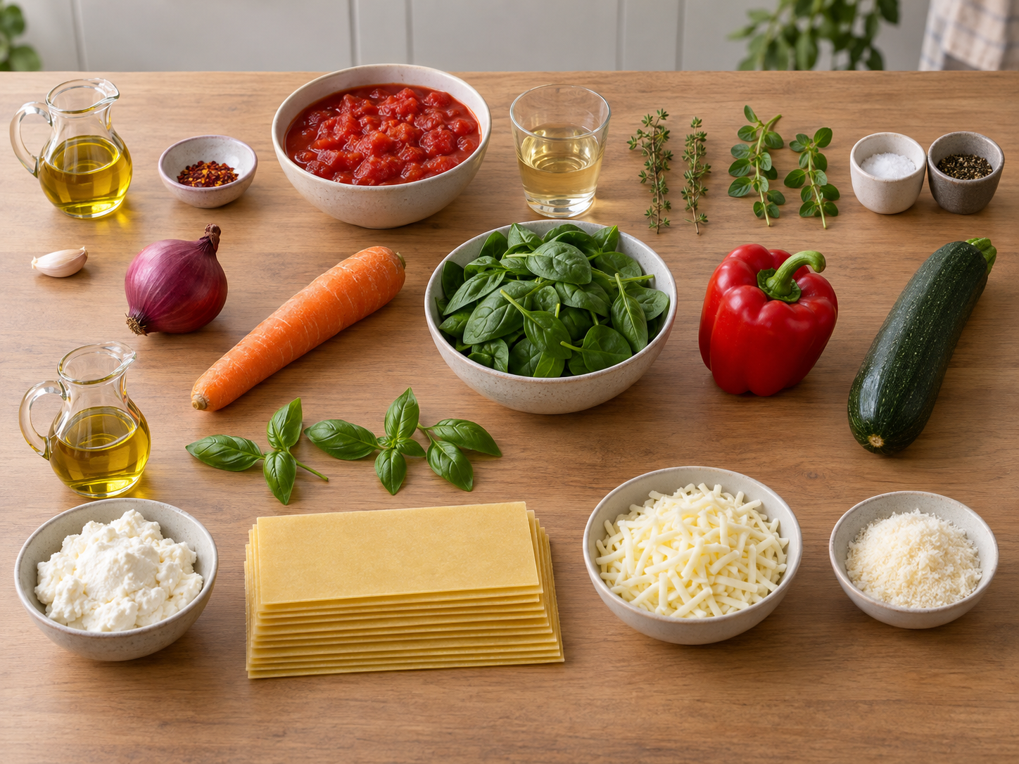 Alle Zutaten für Gemüse-Lasagne mit Spinat auf einer hellen Arbeitsfläche