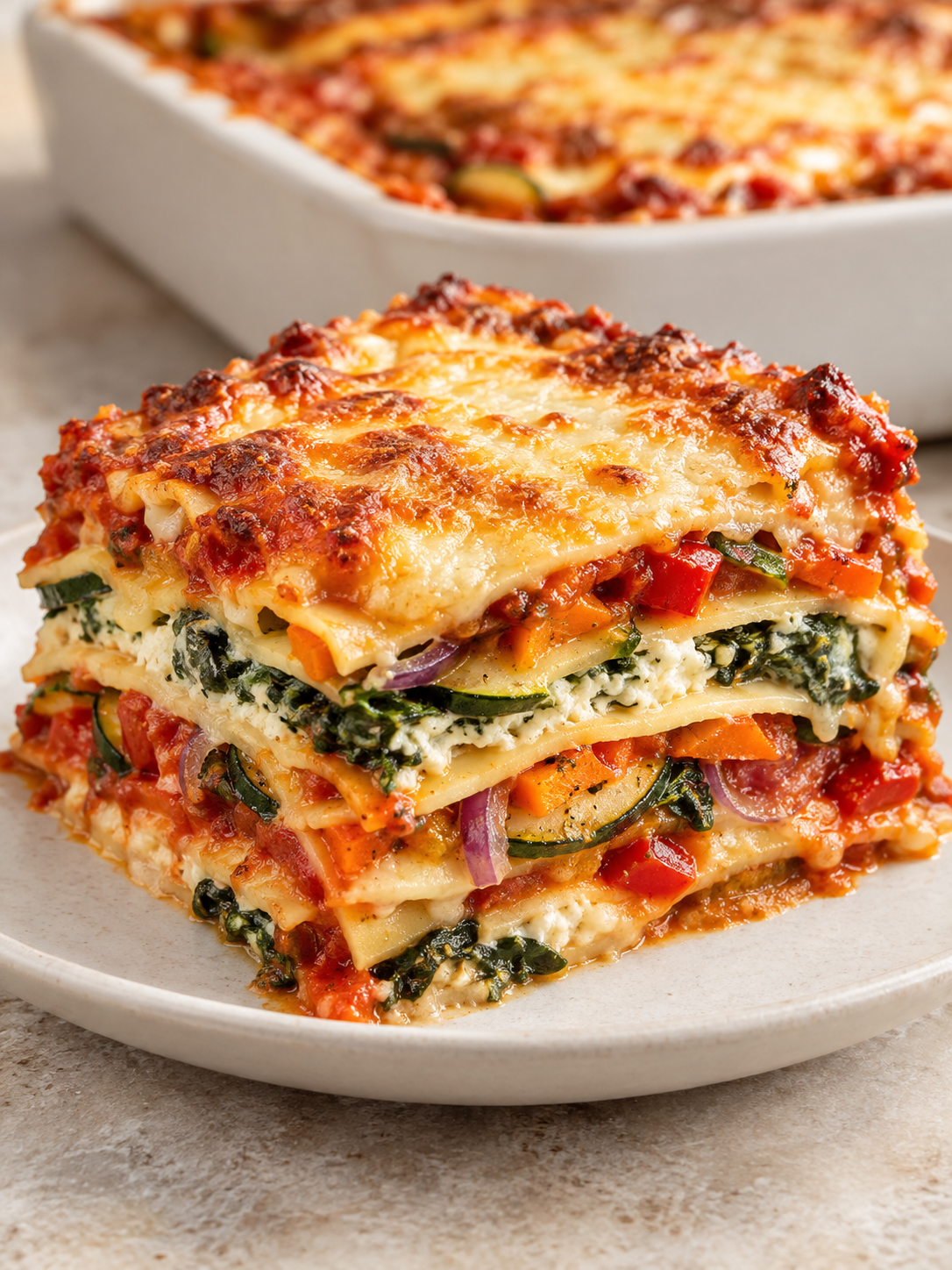 Saftiges Stück Gemüse-Lasagne mit Spinat und geschmolzenem Käse