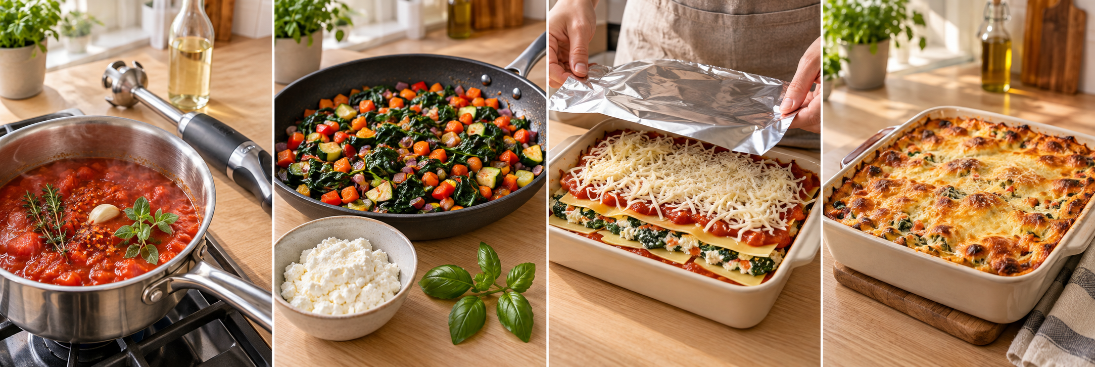 Vier Zubereitungsschritte für Gemüse-Lasagne mit Spinat