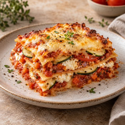 Gemüselasagne mit Zucchini, Tomaten, Möhren und goldener Käsehaube
