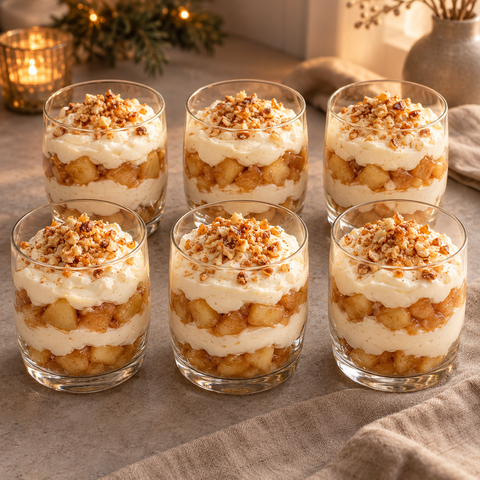 Sechs Gläser Bratapfel-Dessert mit Mascarponecreme und Nusskrokant