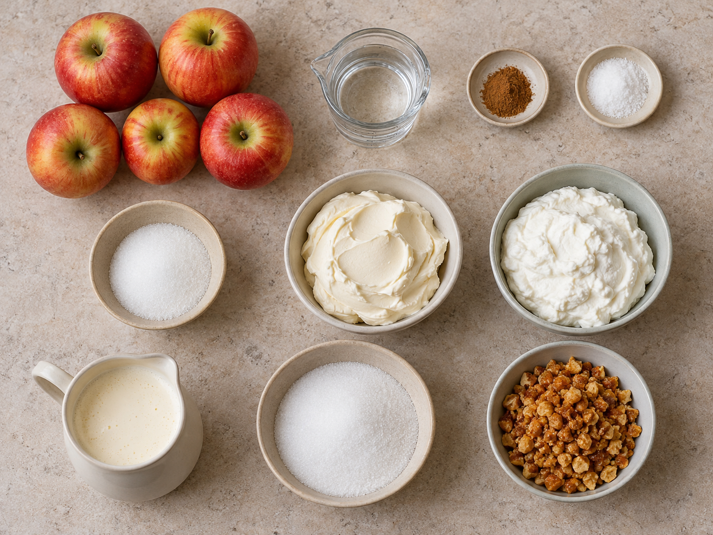 Zehn Zutaten für Bratapfel-Dessert im Glas übersichtlich vorbereitet