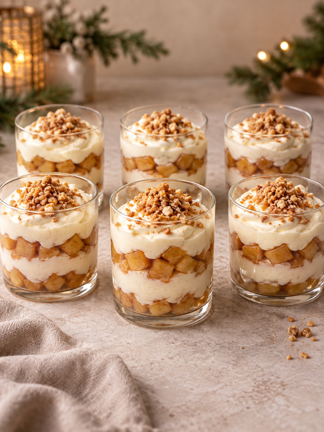 Sechs geschichtete Bratapfel-Desserts mit cremiger Mascarponefüllung