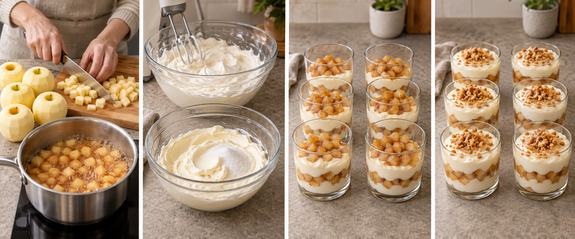 Vier Zubereitungsschritte für Bratapfel-Dessert im Glas