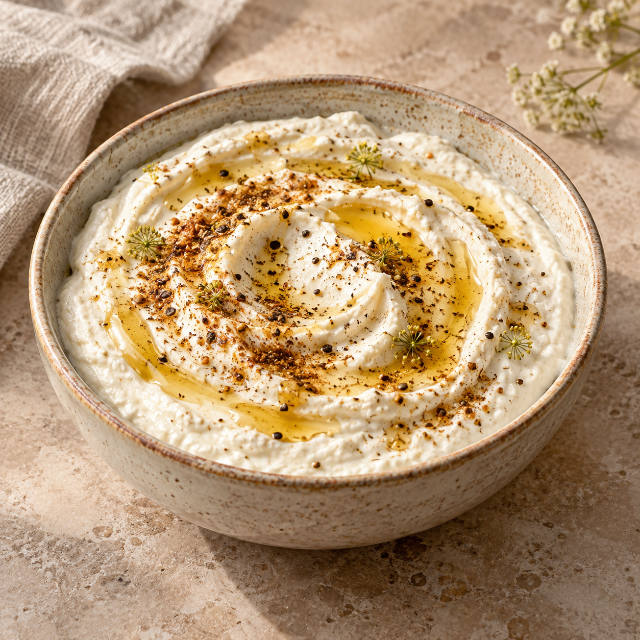 Cremig aufgeschlagener Feta-Dip mit Olivenöl, Honig und Gewürzen