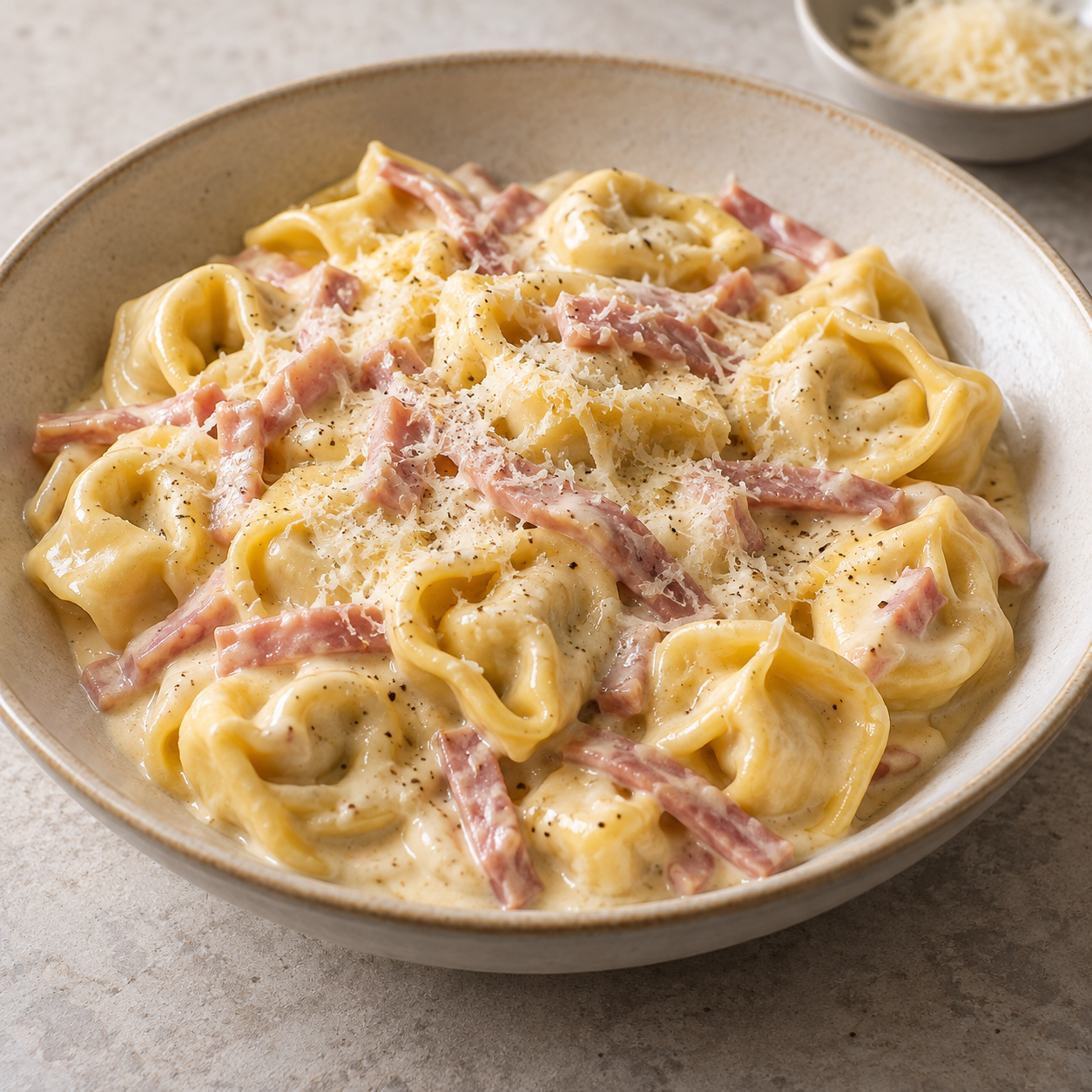 Cremige Tortellini alla Panna mit Schinken und Parmesan