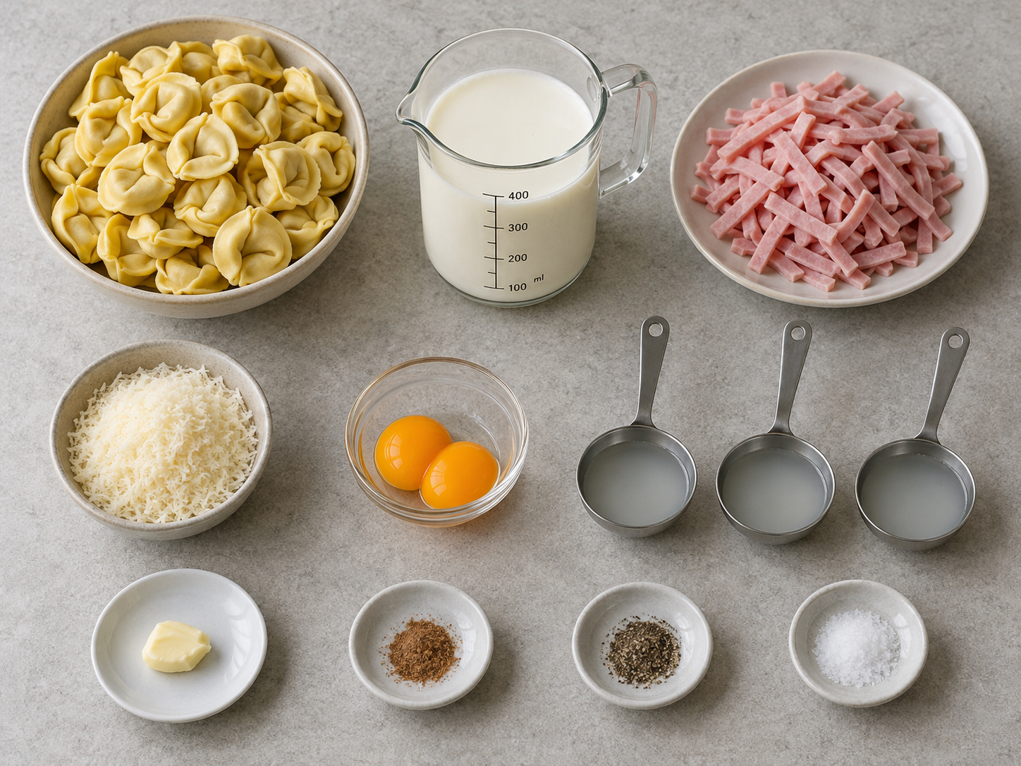 Zehn Zutaten für Tortellini alla Panna übersichtlich vorbereitet
