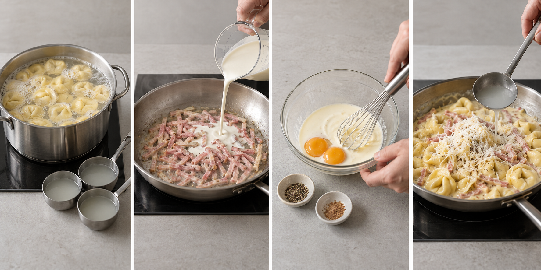 Vier Zubereitungsschritte für Tortellini alla Panna