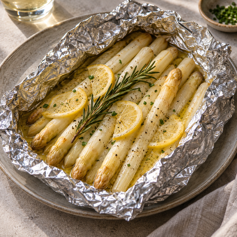 Weißer Spargel im geöffneten Folienpaket mit Butter, Zitrone und Rosmarin