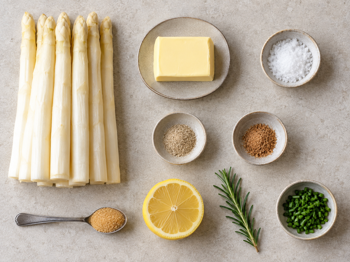 Neun Zutaten für weißen Spargel im Backofen übersichtlich angeordnet